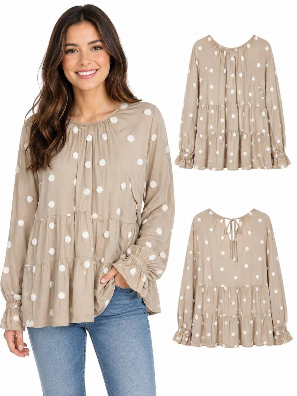Blu Pepper S Beige Swiss Dot Tiered Babydoll Blouse